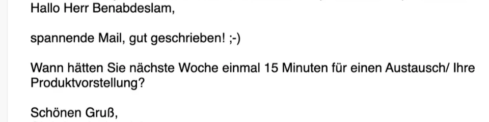 Reply in German asking for a 15-minute call next week