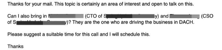 Reply from a CEO asking to bring in the CTO and CSO